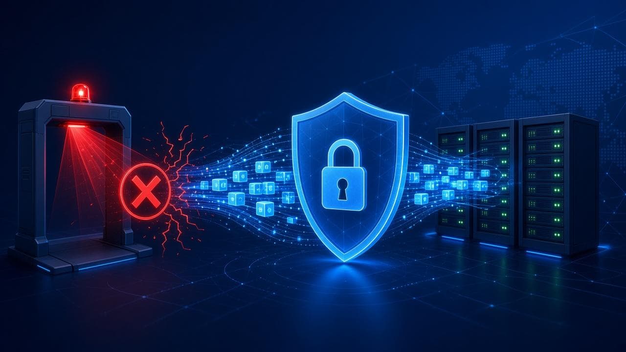 Зашифрованный VPN-трафик под защитой щита проходит мимо DPI-фильтра, который пытается заблокировать соединение VLESS